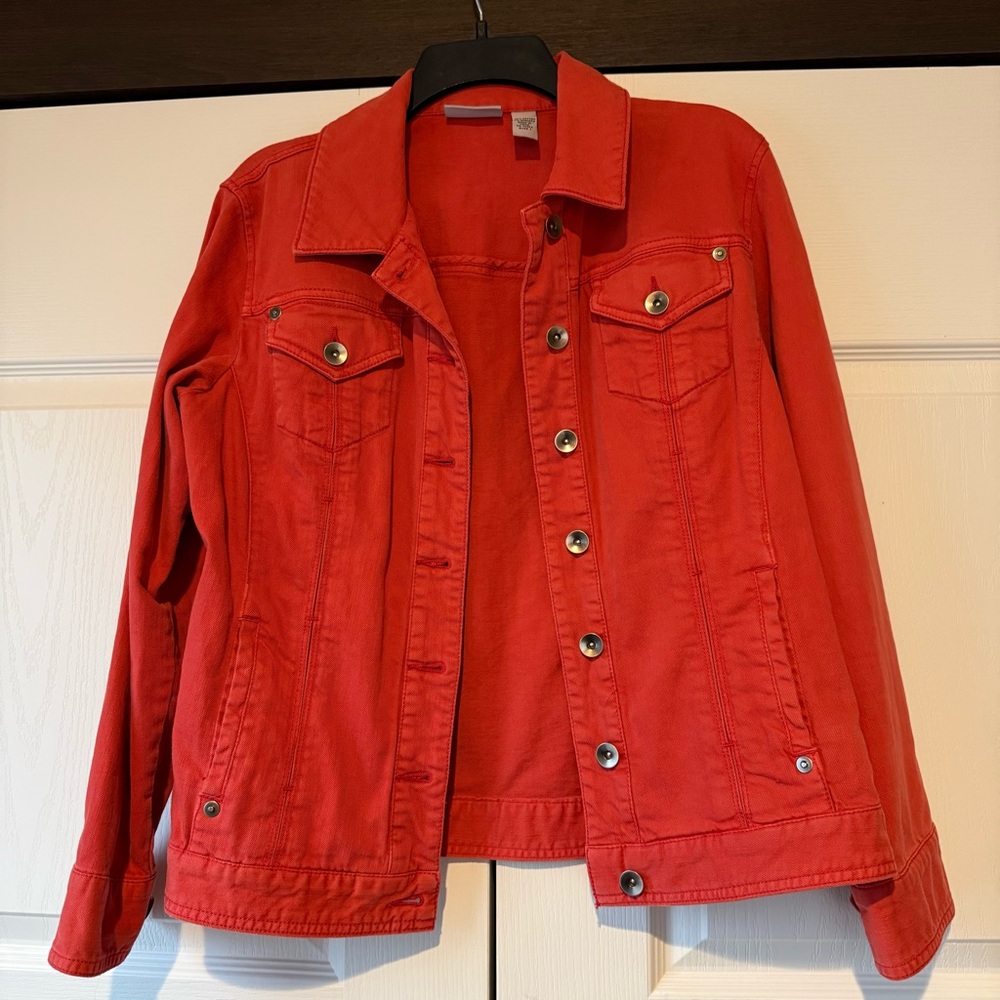 Chicos Platinum Coral Women’s Jean/Denim  Jacket Size 1 (US 8/10 Med) w/ Pockets